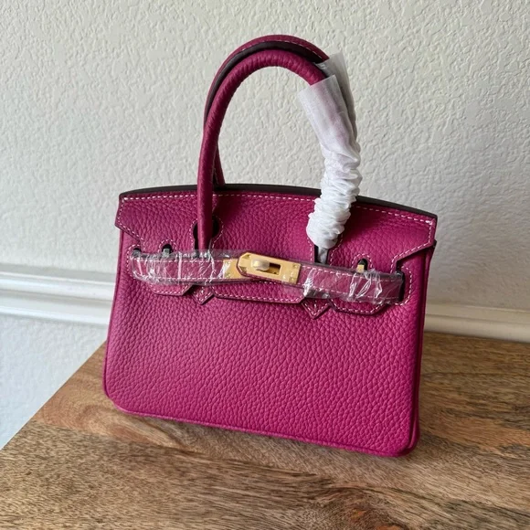 Fuchsia Pink Mini 20 Leather Top Handle Bag Structured Satchel w/ Gold HW B13 - Picture 2 of 10